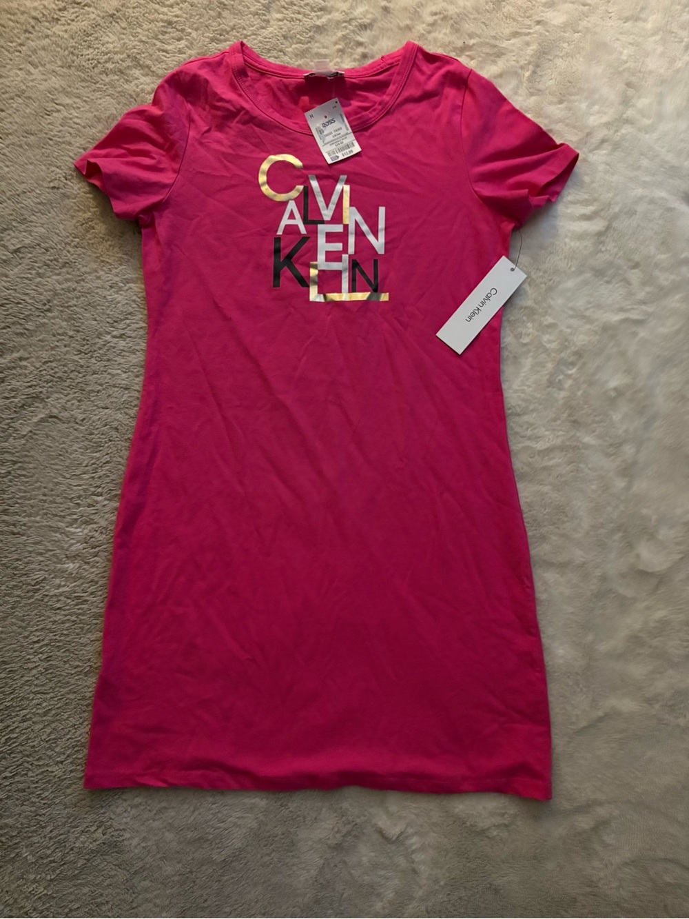Calvin Klein Hot Pink Logo Tee Dress with Metallic Accents